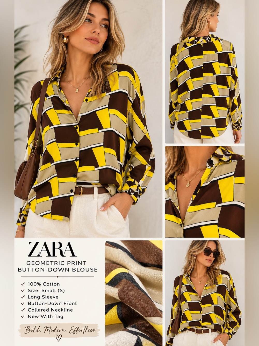 Zara Geometric Print Button Down Blouse Yellow Brown Beige 100% Cotton S NWT